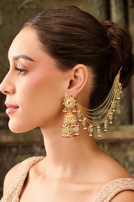 Buy Paisley Pop Green Stones, Zari Fluorite Polki Long Chain Earrings Online at Aza Fashions Buy_Paisley Pop_Green Stones, Zari Fluorite Polki Long Chain Earrings _Online_at_Aza_Fashions