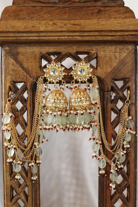 Shop Paisley Pop Green Stones, Zari Fluorite Polki Long Chain Earrings Online at Aza Fashions Shop_Paisley Pop_Green Stones, Zari Fluorite Polki Long Chain Earrings _Online_at_Aza_Fashions