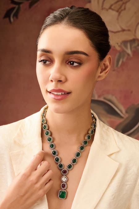 Paisley Pop Green Crystals, Stones Polki Embellished Doublet Pendant Necklace Online at Aza Fashions Paisley Pop_Green Crystals, Stones Polki Embellished Doublet Pendant Necklace _Online_at_Aza_Fashions