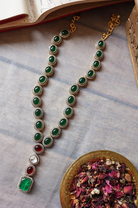 Shop Paisley Pop Green Crystals, Stones Polki Embellished Doublet Pendant Necklace at Aza Fashions Shop_Paisley Pop_Green Crystals, Stones Polki Embellished Doublet Pendant Necklace _at_Aza_Fashions