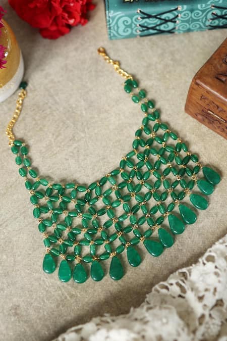 Shop_Paisley Pop_Green Stones Jade Embellished Choker Necklace _at_Aza_Fashions