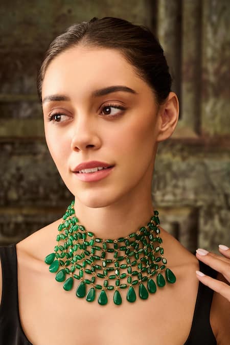 Paisley Pop_Green Stones Jade Embellished Choker Necklace _Online_at_Aza_Fashions