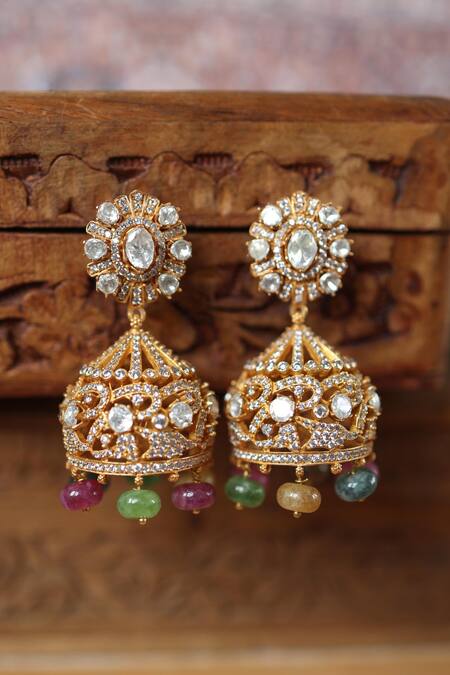 Paisley Pop Multi Color Polki And Cubic Zirconia Jhumkas Online at Aza Fashions Paisley Pop_Multi Color Polki And Cubic Zirconia Jhumkas _Online_at_Aza_Fashions