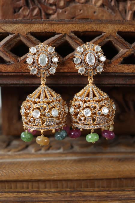 Shop Paisley Pop Multi Color Polki And Cubic Zirconia Jhumkas at Aza Fashions Shop_Paisley Pop_Multi Color Polki And Cubic Zirconia Jhumkas _at_Aza_Fashions