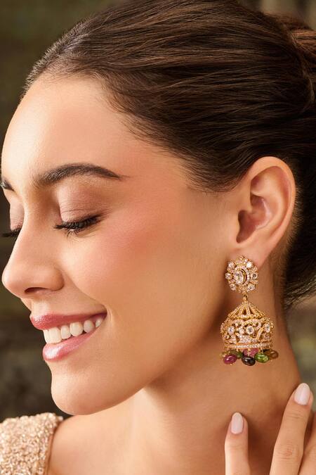 Shop Paisley Pop Multi Color Polki And Cubic Zirconia Jhumkas Online at Aza Fashions Shop_Paisley Pop_Multi Color Polki And Cubic Zirconia Jhumkas _Online_at_Aza_Fashions