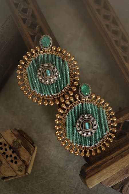 Paisley Pop_Green Pearls, Stones Mint Polki And Onyx Embellished Earrings _Online_at_Aza_Fashions