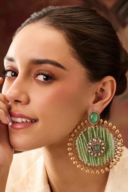 Buy_Paisley Pop_Green Pearls, Stones Mint Polki And Onyx Embellished Earrings _Online_at_Aza_Fashions