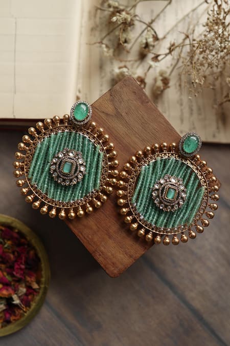 Shop_Paisley Pop_Green Pearls, Stones Mint Polki And Onyx Embellished Earrings _at_Aza_Fashions
