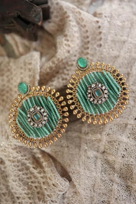 Shop_Paisley Pop_Green Pearls, Stones Mint Polki And Onyx Embellished Earrings _Online_at_Aza_Fashions