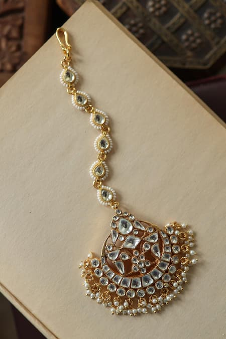 Shop_Paisley Pop_Gold Plated Kundan Pearl Embellished Maangtikka _at_Aza_Fashions