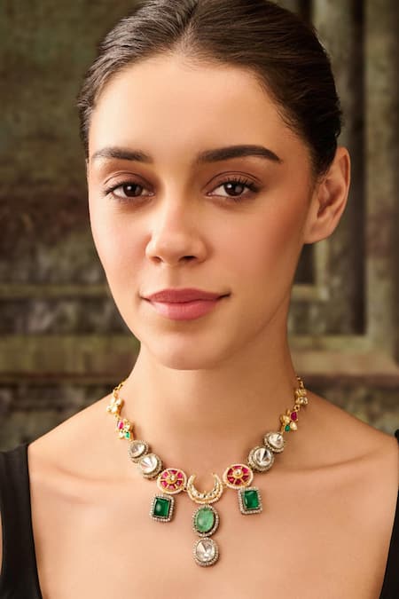 Paisley Pop Green Stones Mint Doublet Kundan Necklace Online at Aza Fashions Paisley Pop_Green Stones Mint Doublet Kundan Necklace _Online_at_Aza_Fashions