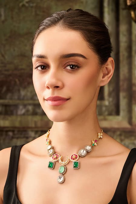 Buy Paisley Pop Green Stones Mint Doublet Kundan Necklace Online at Aza Fashions Buy_Paisley Pop_Green Stones Mint Doublet Kundan Necklace _Online_at_Aza_Fashions