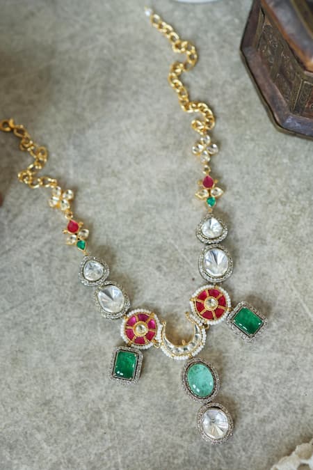 Shop Paisley Pop Green Stones Mint Doublet Kundan Necklace Online at Aza Fashions Shop_Paisley Pop_Green Stones Mint Doublet Kundan Necklace _Online_at_Aza_Fashions