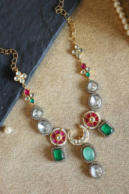 Paisley Pop Green Stones Mint Doublet Kundan Necklace at Aza Fashions Paisley Pop_Green Stones Mint Doublet Kundan Necklace _at_Aza_Fashions