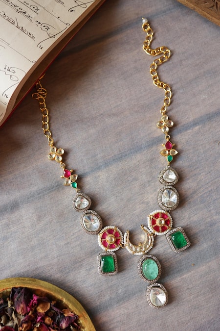 Shop Paisley Pop Green Stones Mint Doublet Kundan Necklace at Aza Fashions Shop_Paisley Pop_Green Stones Mint Doublet Kundan Necklace _at_Aza_Fashions