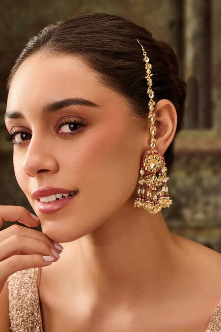 Paisley Pop_Pink Pearls, Zari Floral Kundan Chain Earrings _Online_at_Aza_Fashions