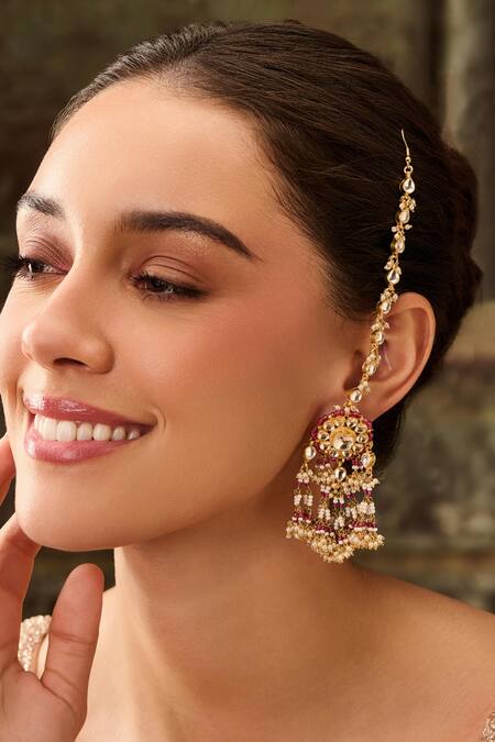 Buy_Paisley Pop_Pink Pearls, Zari Floral Kundan Chain Earrings _Online_at_Aza_Fashions