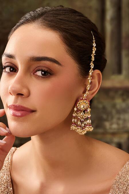 Shop_Paisley Pop_Pink Pearls, Zari Floral Kundan Chain Earrings _Online_at_Aza_Fashions