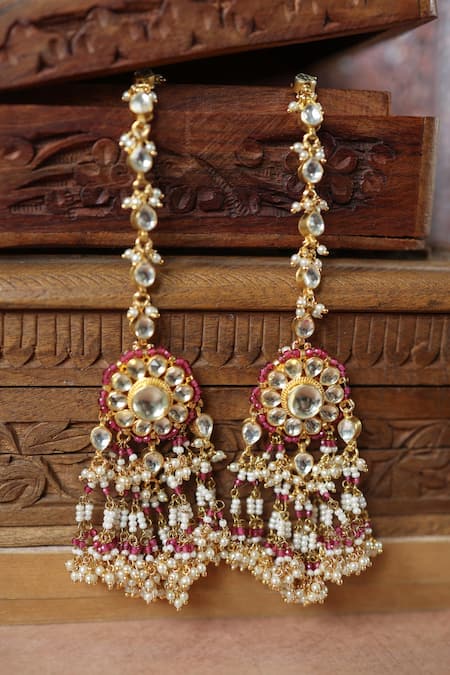 Shop_Paisley Pop_Pink Pearls, Zari Floral Kundan Chain Earrings _at_Aza_Fashions