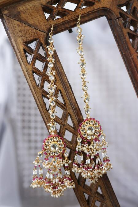 Paisley Pop_Pink Pearls, Zari Floral Kundan Chain Earrings _at_Aza_Fashions