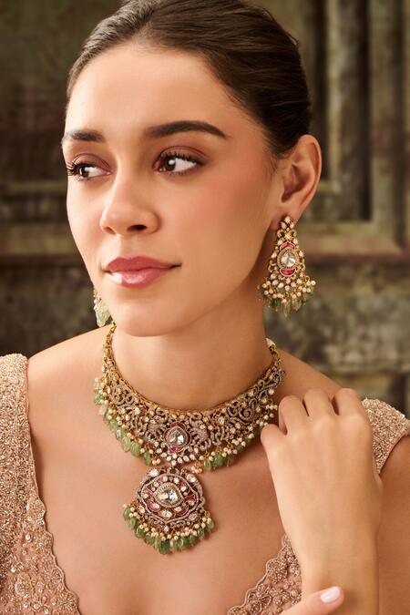 Paisley Pop_Green Floral Polki Choker Set With Danglers _Online_at_Aza_Fashions