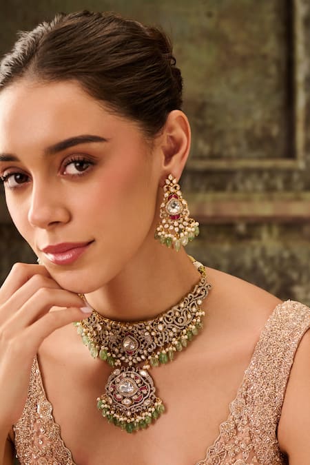 Buy_Paisley Pop_Green Floral Polki Choker Set With Danglers _Online_at_Aza_Fashions