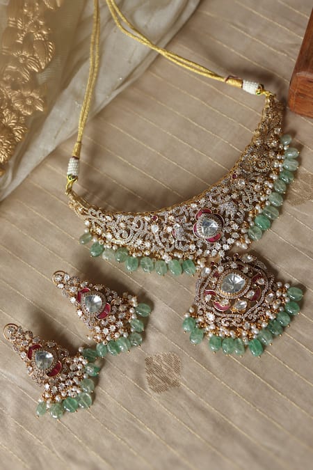 Shop_Paisley Pop_Green Floral Polki Choker Set With Danglers _at_Aza_Fashions