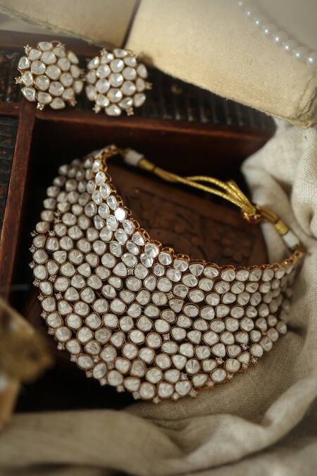 Shop Paisley Pop Gold Plated Stones Polki Choker Set at Aza Fashions Shop_Paisley Pop_Gold Plated Stones Polki Choker Set_at_Aza_Fashions