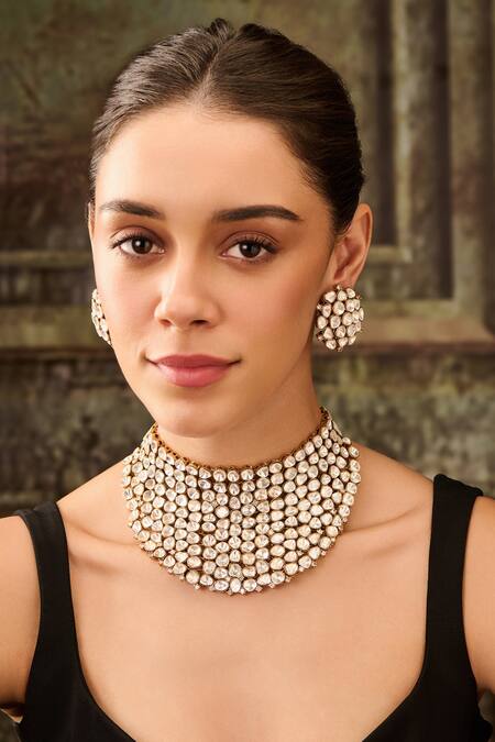 Buy Paisley Pop Gold Plated Stones Polki Choker Set Online at Aza Fashions Buy_Paisley Pop_Gold Plated Stones Polki Choker Set_Online_at_Aza_Fashions