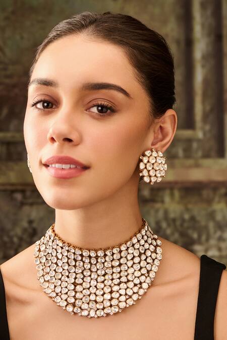 Shop Paisley Pop Gold Plated Stones Polki Choker Set Online at Aza Fashions Shop_Paisley Pop_Gold Plated Stones Polki Choker Set_Online_at_Aza_Fashions