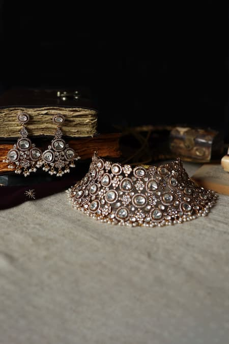 Paisley Pop Gold Plated Cut Work, Crystals Floral Polki And Cubic Zirconia Necklace Set Online at Aza Fashions Paisley Pop_Gold Plated Cut Work, Crystals Floral Polki And Cubic Zirconia Necklace Set _Online_at_Aza_Fashions