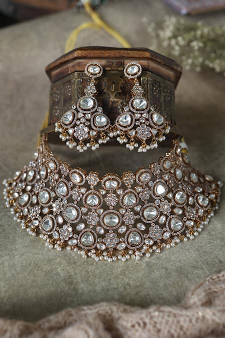 Shop Paisley Pop Gold Plated Cut Work, Crystals Floral Polki And Cubic Zirconia Necklace Set at Aza Fashions Shop_Paisley Pop_Gold Plated Cut Work, Crystals Floral Polki And Cubic Zirconia Necklace Set _at_Aza_Fashions