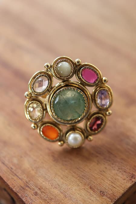 Paisley Pop_Multi Color Pearls, Stones Floral Navrattan Ring _Online_at_Aza_Fashions