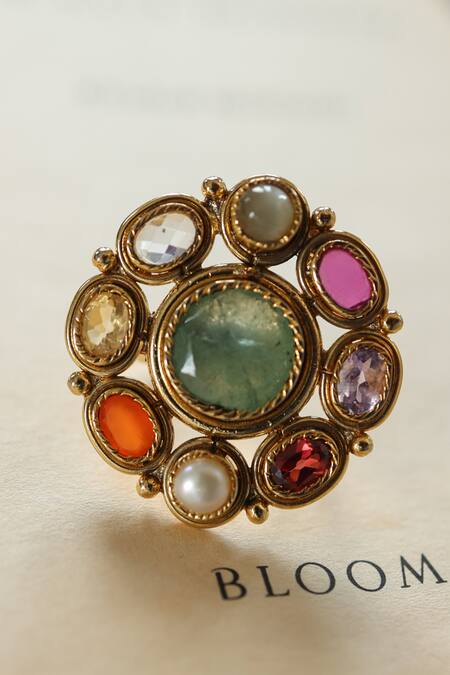 Shop_Paisley Pop_Multi Color Pearls, Stones Floral Navrattan Ring _at_Aza_Fashions