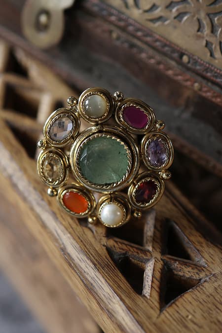 Buy_Paisley Pop_Multi Color Pearls, Stones Floral Navrattan Ring _Online_at_Aza_Fashions