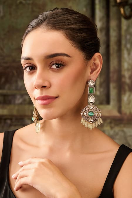 Paisley Pop Green Crystals, Stones Victorian Polki Natural Earrings Online at Aza Fashions Paisley Pop_Green Crystals, Stones Victorian Polki Natural Earrings _Online_at_Aza_Fashions