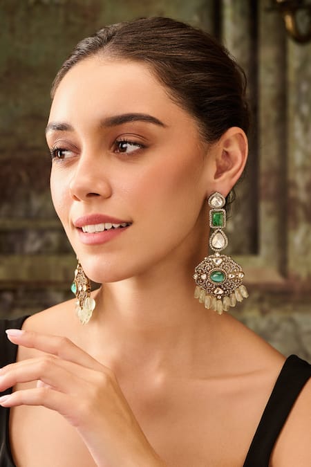 Buy Paisley Pop Green Crystals, Stones Victorian Polki Natural Earrings Online at Aza Fashions Buy_Paisley Pop_Green Crystals, Stones Victorian Polki Natural Earrings _Online_at_Aza_Fashions