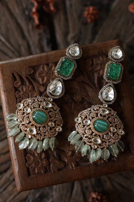 Shop Paisley Pop Green Crystals, Stones Victorian Polki Natural Earrings at Aza Fashions Shop_Paisley Pop_Green Crystals, Stones Victorian Polki Natural Earrings _at_Aza_Fashions