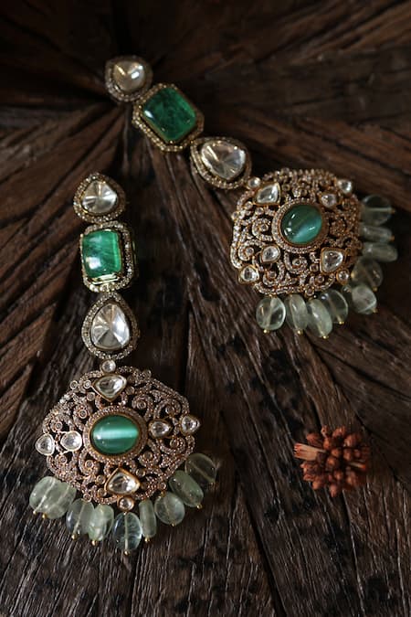 Shop Paisley Pop Green Crystals, Stones Victorian Polki Natural Earrings Online at Aza Fashions Shop_Paisley Pop_Green Crystals, Stones Victorian Polki Natural Earrings _Online_at_Aza_Fashions