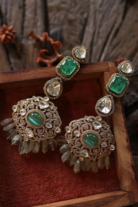 Paisley Pop Green Crystals, Stones Victorian Polki Natural Earrings at Aza Fashions Paisley Pop_Green Crystals, Stones Victorian Polki Natural Earrings _at_Aza_Fashions
