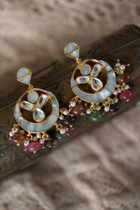 Paisley Pop Multi Color Diamonds, Stones, Kundan And Mother Of Pearl Designer Earrings Online at Aza Fashions Paisley Pop_Multi Color Diamonds, Stones, Kundan And Mother Of Pearl Designer Earrings _Online_at_Aza_Fashions
