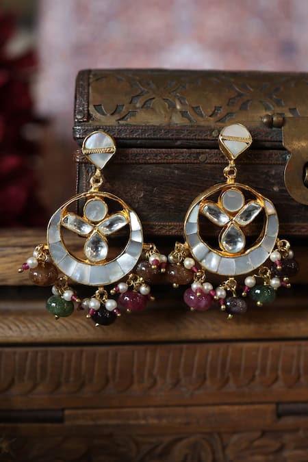 Shop Paisley Pop Multi Color Diamonds, Stones, Kundan And Mother Of Pearl Designer Earrings at Aza Fashions Shop_Paisley Pop_Multi Color Diamonds, Stones, Kundan And Mother Of Pearl Designer Earrings _at_Aza_Fashions