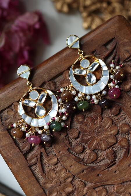 Buy Paisley Pop Multi Color Diamonds, Stones, Kundan And Mother Of Pearl Designer Earrings Online at Aza Fashions Buy_Paisley Pop_Multi Color Diamonds, Stones, Kundan And Mother Of Pearl Designer Earrings _Online_at_Aza_Fashions