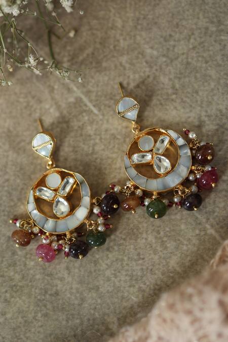 Shop Paisley Pop Multi Color Diamonds, Stones, Kundan And Mother Of Pearl Designer Earrings Online at Aza Fashions Shop_Paisley Pop_Multi Color Diamonds, Stones, Kundan And Mother Of Pearl Designer Earrings _Online_at_Aza_Fashions