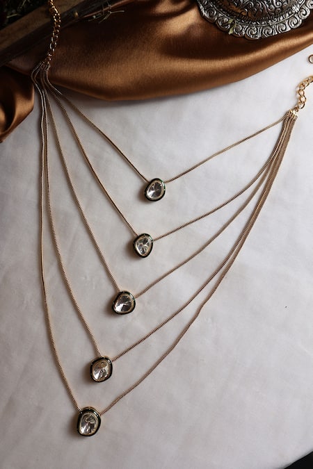 Shop_Paisley Pop_Green Diamonds Layered Polki Necklace _Online_at_Aza_Fashions