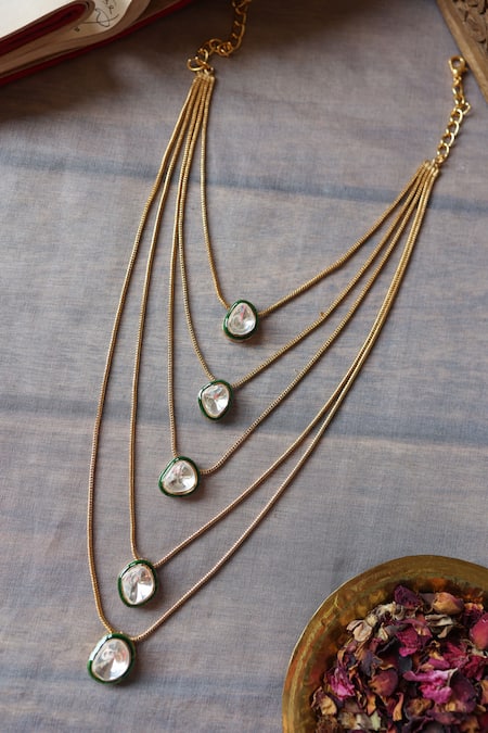 Shop_Paisley Pop_Green Diamonds Layered Polki Necklace _at_Aza_Fashions