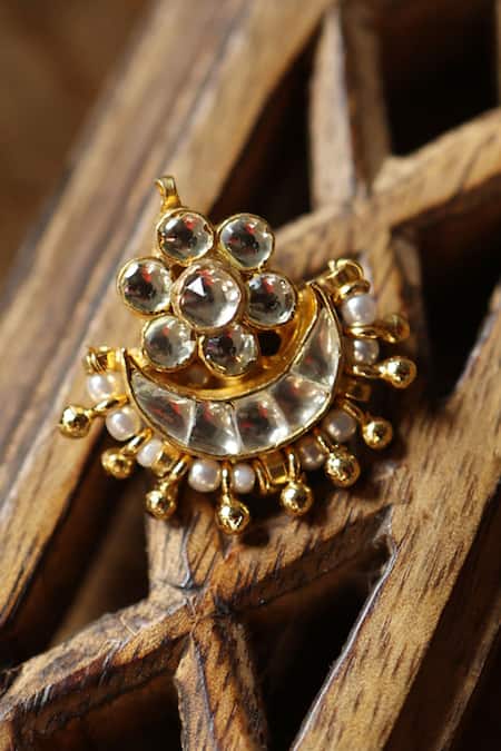 Shop_Paisley Pop_Gold Plated Diamonds Kundan Floral Nose Ring _at_Aza_Fashions
