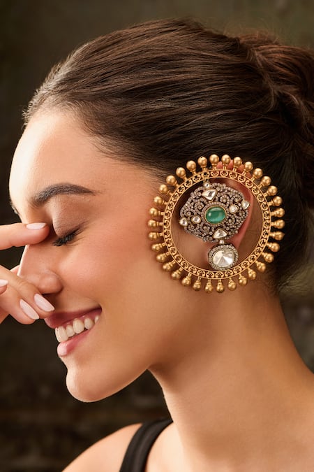 Paisley Pop_Gold Plated Zari, Crystals, Stones Polki Floral Earcuffs _Online_at_Aza_Fashions