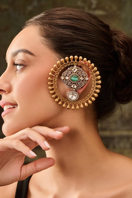 Shop_Paisley Pop_Gold Plated Zari, Crystals, Stones Polki Floral Earcuffs _Online_at_Aza_Fashions