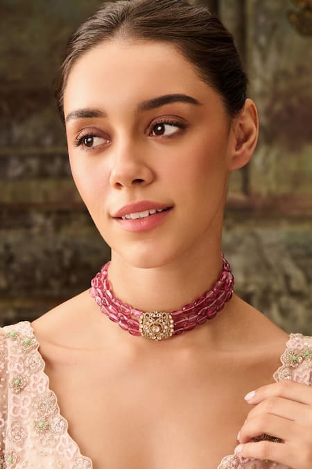 Buy Paisley Pop Pink Crystals Polki And Cubic Zirconia Choker Necklace Online at Aza Fashions Buy_Paisley Pop_Pink Crystals Polki And Cubic Zirconia Choker Necklace _Online_at_Aza_Fashions